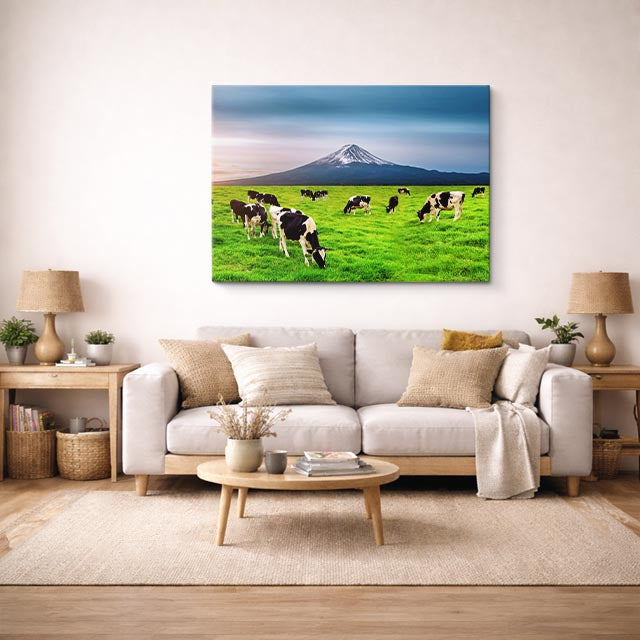 cuadro canvas bosques y naturaleza vacas en prado monte fuji horizontal