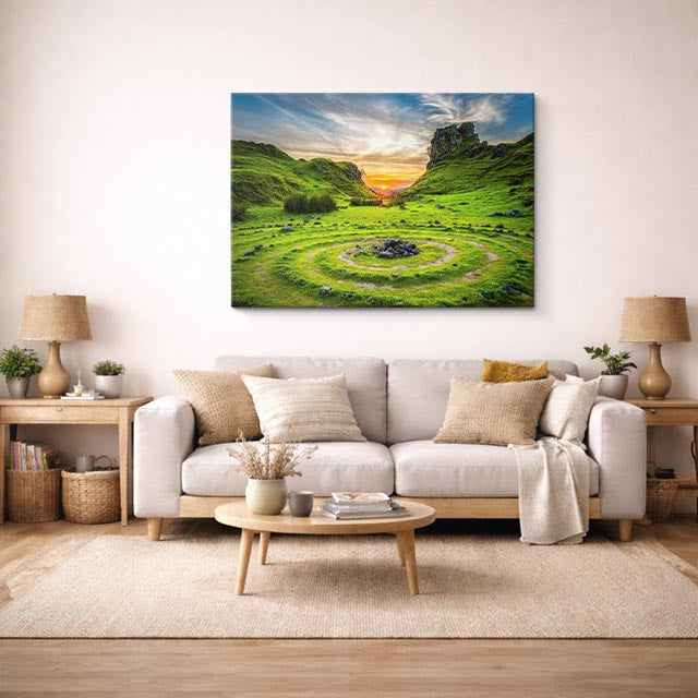 cuadro canvas bosques y naturaleza colina verde círculo piedras horizontal