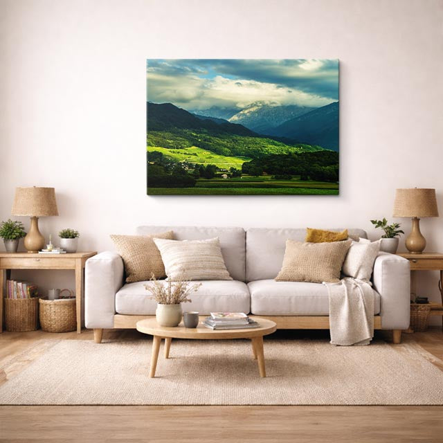 cuadro canvas bosques y naturaleza valle verde montañas lejanas horizontal
