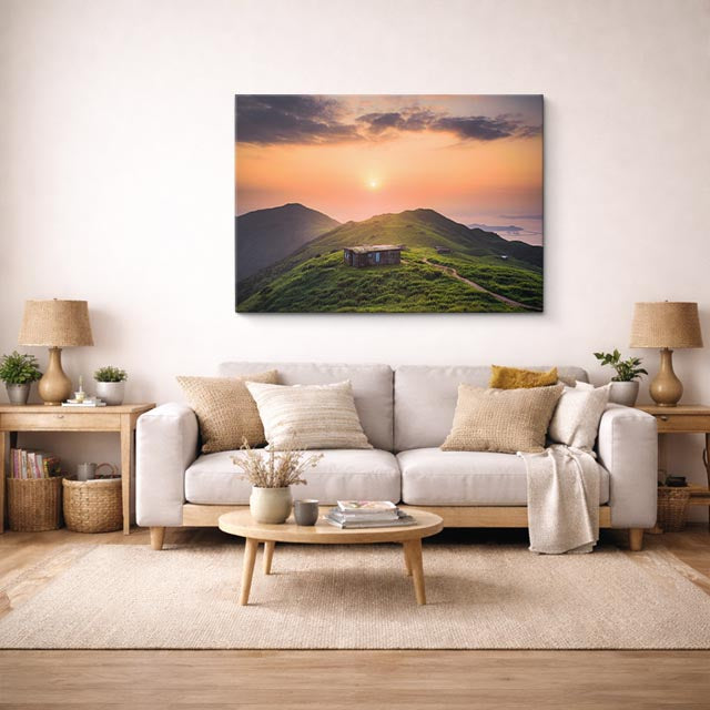 cuadro canvas bosques y naturaleza montaña cabaña atardecer naranja horizontal