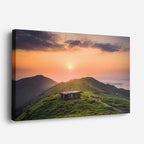 cuadro canvas bosques y naturaleza montaña cabaña atardecer naranja horizontal