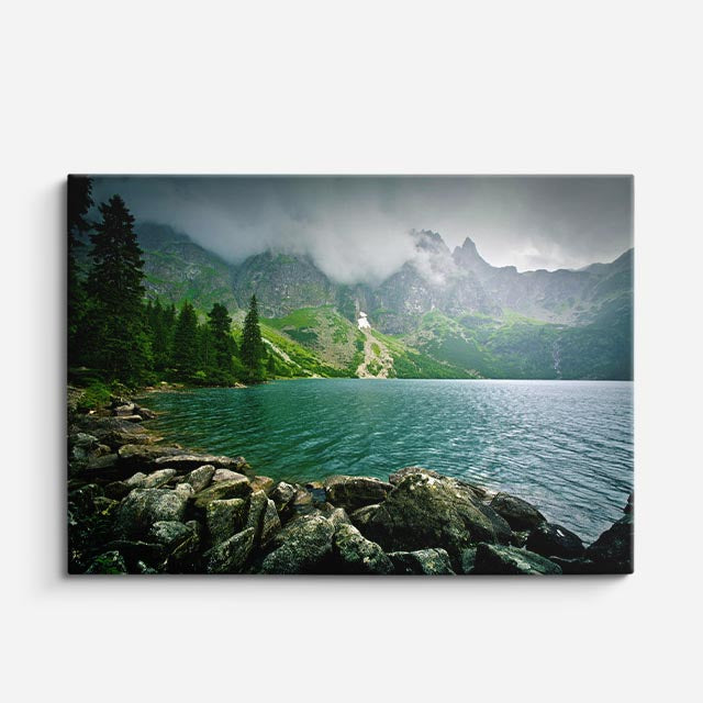 cuadro canvas bosques y naturaleza lago verde montañas nevadas horizontal