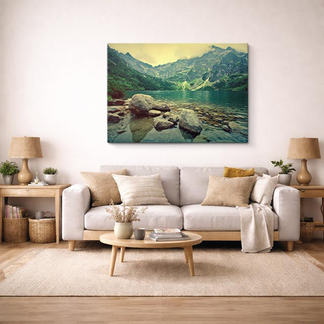 cuadro canvas bosques y naturaleza lago piedras montaña verde horizontal