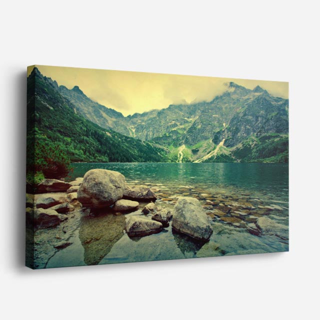 cuadro canvas bosques y naturaleza lago piedras montaña verde horizontal