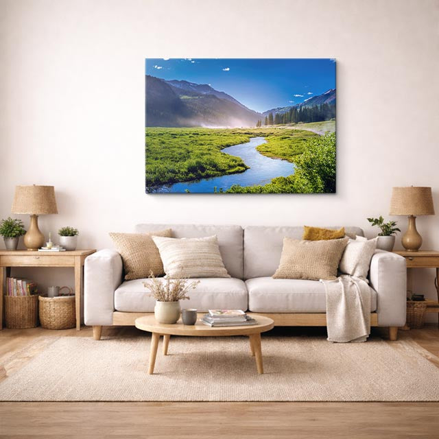 cuadro canvas bosques y naturaleza río serpentea valle verde horizontal