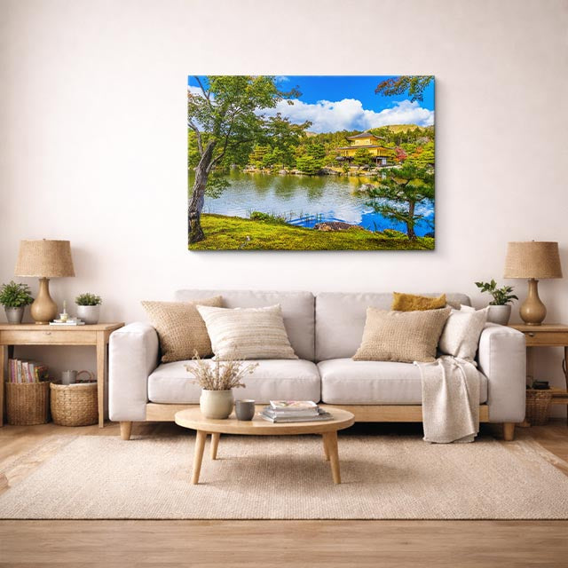 cuadro canvas bosques y naturaleza lago azul árbol orilla horizontal