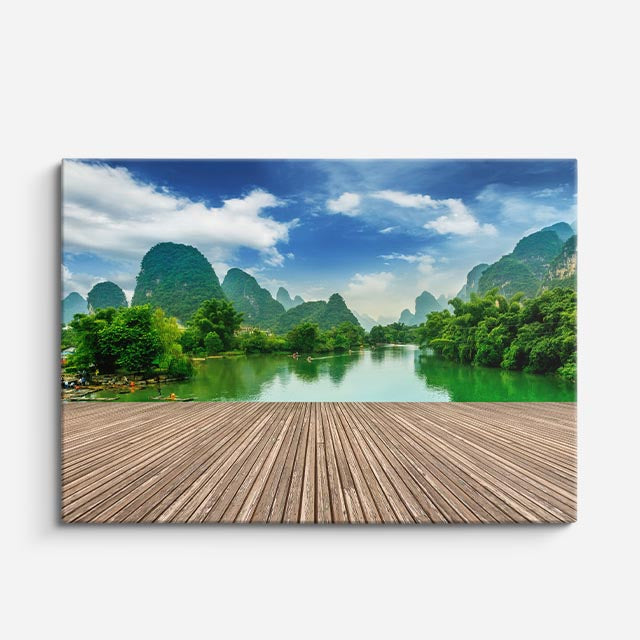 cuadro canvas bosques y naturaleza muelle lago montañas verdes horizontal