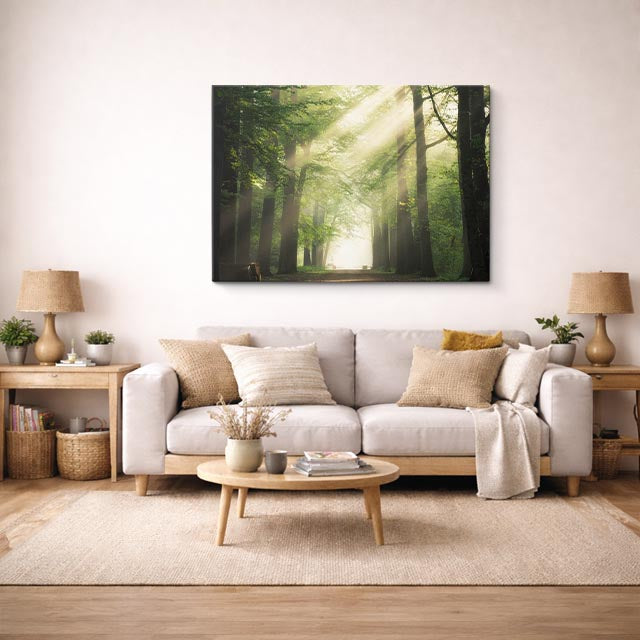 cuadro canvas bosques y naturaleza bosque rayos de luz solar horizontal