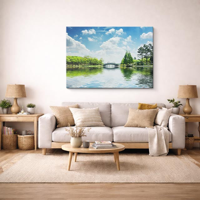cuadro canvas bosques y naturaleza laguna puente árbol solitario horizontal