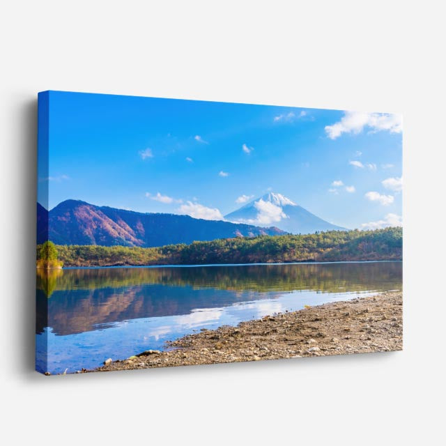 cuadro canvas bosques y naturaleza lago orilla rocosa volcán horizontal