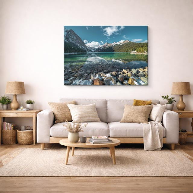 cuadro canvas bosques y naturaleza lago esmeralda montañas nevadas horizontal