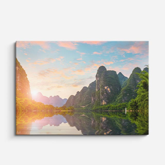 cuadro canvas bosques y naturaleza lago chino amanecer naranja horizontal
