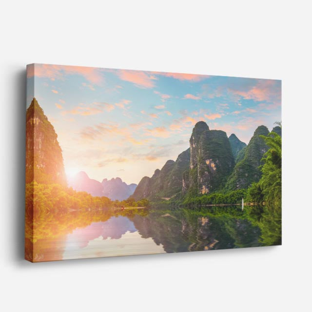 cuadro canvas bosques y naturaleza lago chino amanecer naranja horizontal