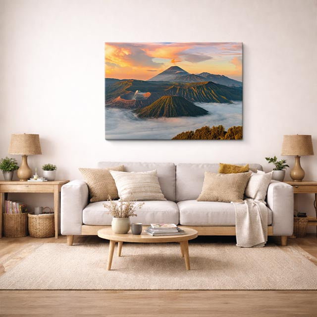 cuadro canvas bosques y naturaleza volcán bromo atardecer naranja horizontal