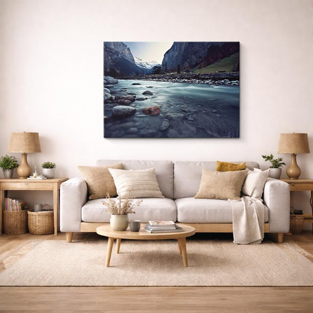 cuadro canvas bosques y naturaleza río glaciar montaña gris horizontal
