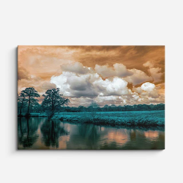 cuadro canvas bosques y naturaleza árbol seco lago teal nublado horizontal