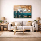 cuadro canvas bosques y naturaleza árbol seco lago teal nublado horizontal