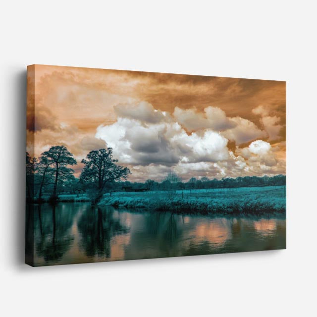 cuadro canvas bosques y naturaleza árbol seco lago teal nublado horizontal