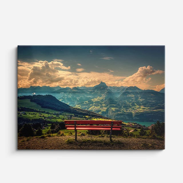 cuadro canvas bosques y naturaleza montaña banco rojo atardecer horizontal