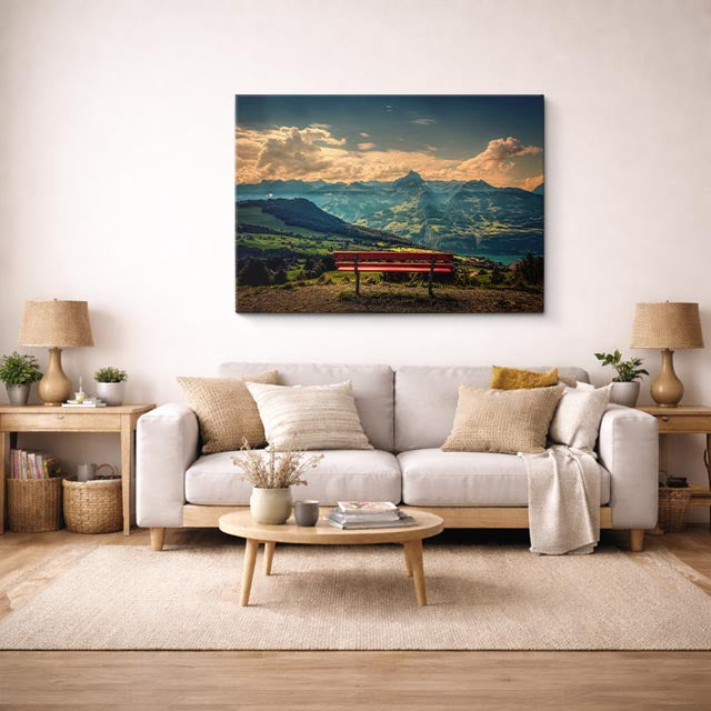 cuadro canvas bosques y naturaleza montaña banco rojo atardecer horizontal