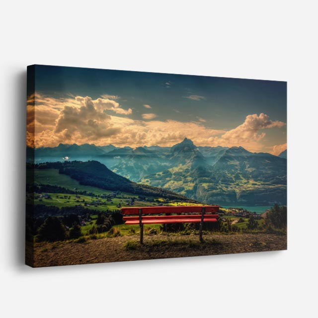 cuadro canvas bosques y naturaleza montaña banco rojo atardecer horizontal
