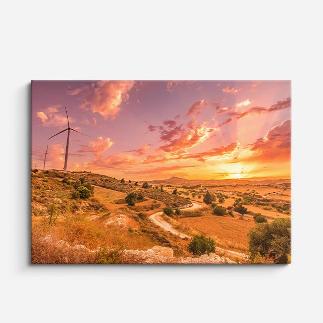 cuadro canvas bosques y naturaleza atardecer molino cielo rosa horizontal