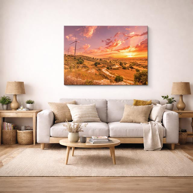 cuadro canvas bosques y naturaleza atardecer molino cielo rosa horizontal