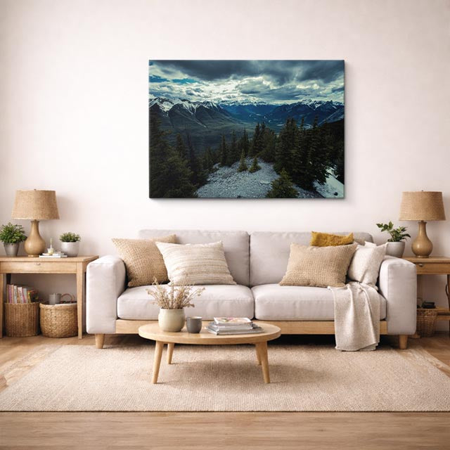 cuadro canvas bosques y naturaleza montañas nevadas bosque oscuro horizontal