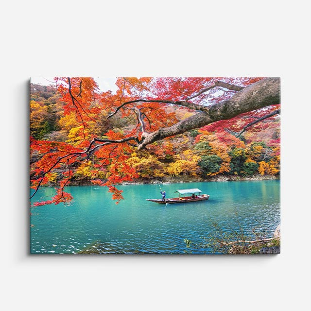 cuadro canvas bosques y naturaleza lago turquesa otoño rojo horizontal
