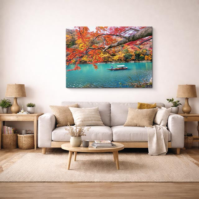 cuadro canvas bosques y naturaleza lago turquesa otoño rojo horizontal
