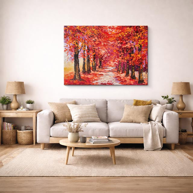 cuadro canvas bosques y naturaleza pintura túnel rojo otoñal horizontal