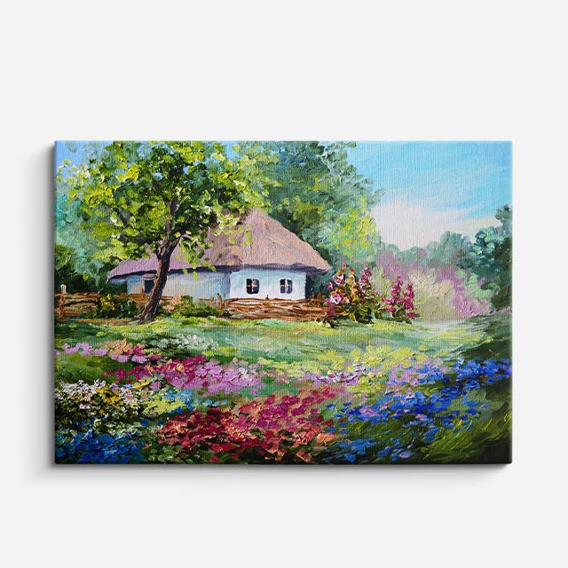 cuadro canvas bosques y naturaleza pintura cabaña jardín florido horizontal