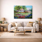 cuadro canvas bosques y naturaleza pintura cabaña jardín florido horizontal
