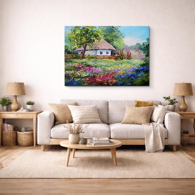 cuadro canvas bosques y naturaleza pintura cabaña jardín florido horizontal