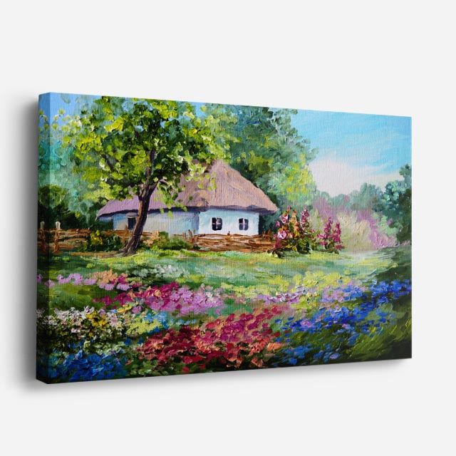 cuadro canvas bosques y naturaleza pintura cabaña jardín florido horizontal