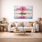 cuadro canvas bosques y naturaleza pintura cerezo rosa lago espejo horizontal