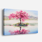 cuadro canvas bosques y naturaleza pintura cerezo rosa lago espejo horizontal