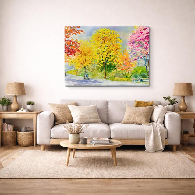 cuadro canvas bosques y naturaleza pintura árbol dorado solitario horizontal