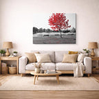 cuadro canvas bosques y naturaleza árbol rojo lago blanco negro horizontal