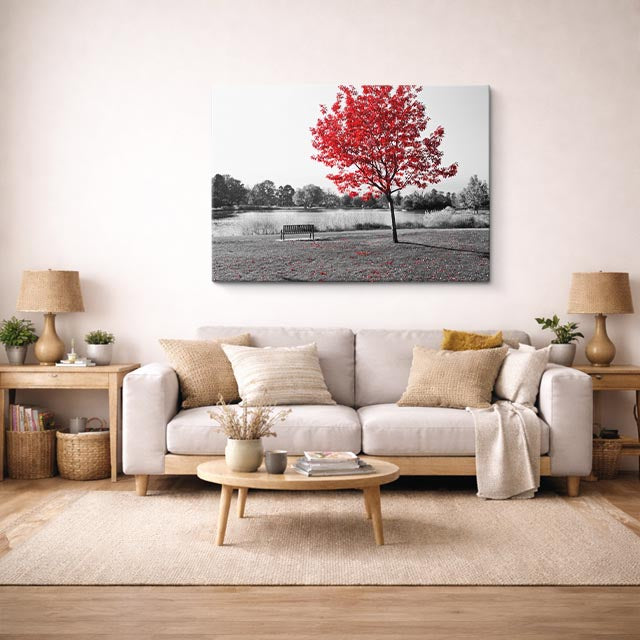 cuadro canvas bosques y naturaleza árbol rojo lago blanco negro horizontal