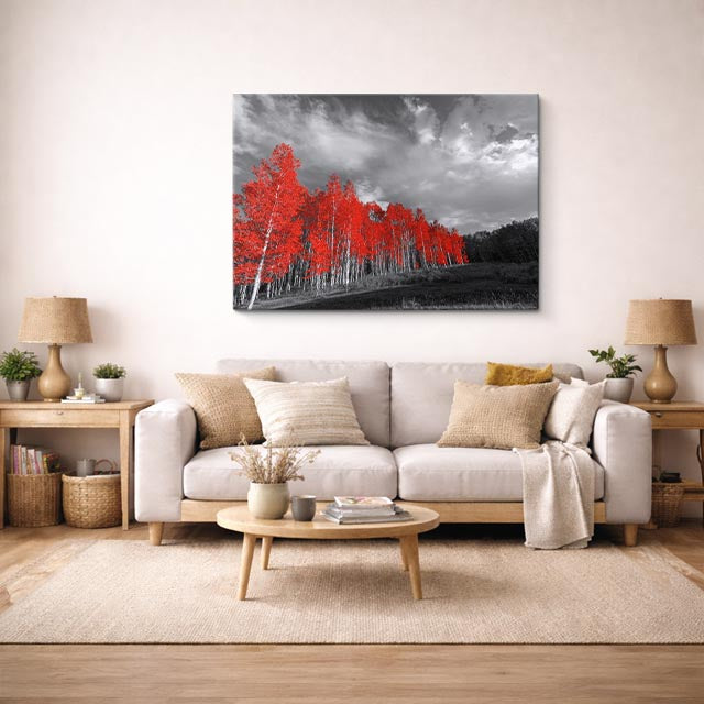 cuadro canvas bosques y naturaleza bosque rojo alineado blanco negro horizontal