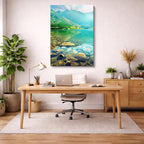 cuadro canvas bosques y naturaleza lago cristalino piedras verdes vertical