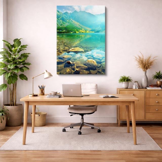cuadro canvas bosques y naturaleza lago cristalino piedras verdes vertical
