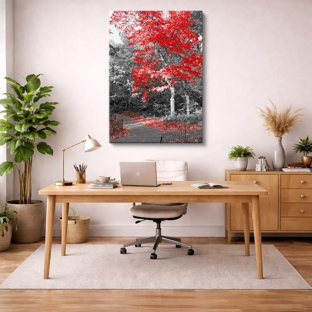cuadro canvas bosques y naturaleza árbol rojo bosque blanco negro vertical
