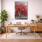 cuadro canvas bosques y naturaleza árbol rojo solitario blanco negro vertical