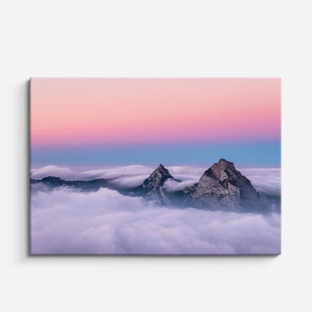 cuadro canvas cielo y noche montañas nevadas nubes rosadas horizontal