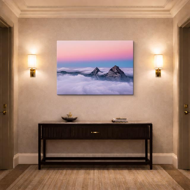 cuadro canvas cielo y noche montañas nevadas nubes rosadas horizontal