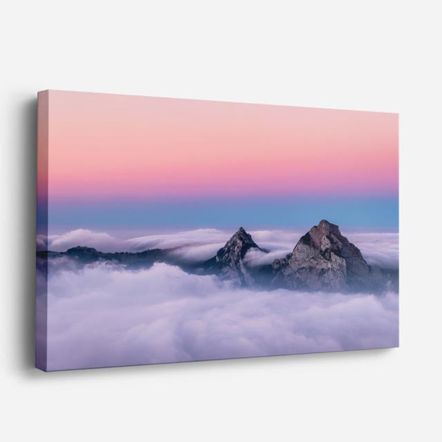 cuadro canvas cielo y noche montañas nevadas nubes rosadas horizontal