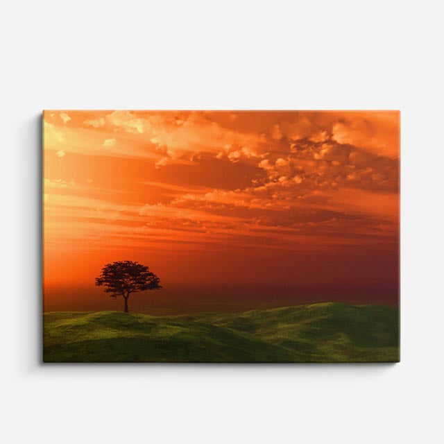cuadro canvas cielo y noche árbol solitario atardecer rojo horizontal