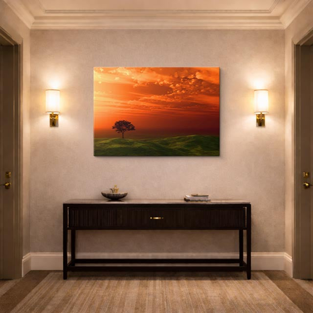 cuadro canvas cielo y noche árbol solitario atardecer rojo horizontal